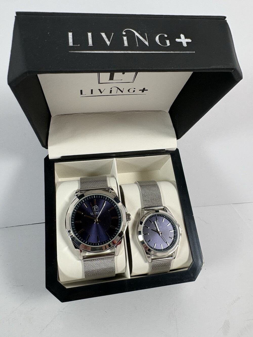 Living+ His Hers Matching Watch Set Blue Dial Silver Mesh Band Gift Box Watches